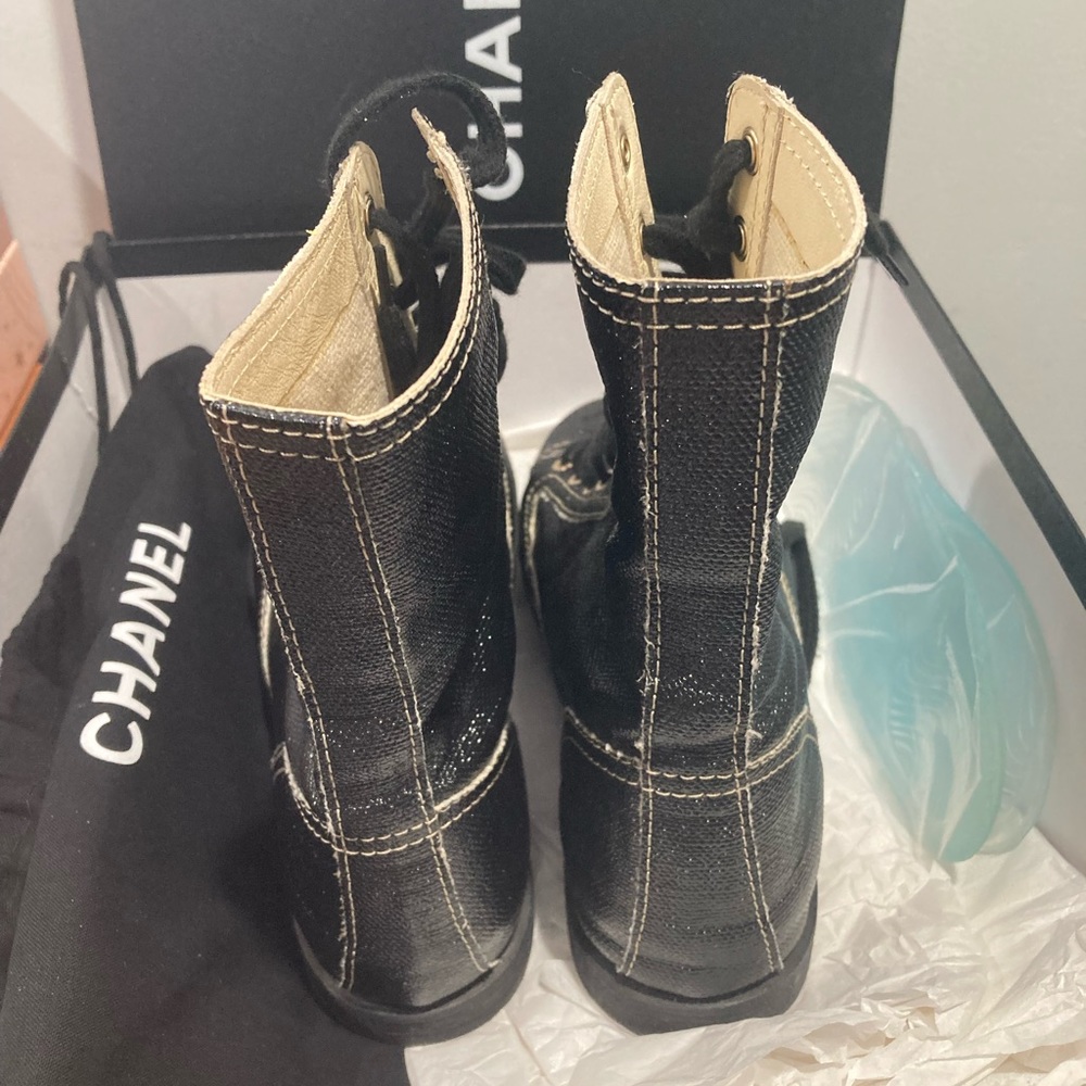 CHANEL Coated Canvas Lace Up Combat Boots 37 Black - Picture 15 of 15